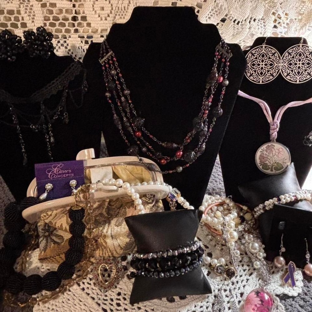 mystery Jewerly collection in a black beaded assortment with tapestry purse